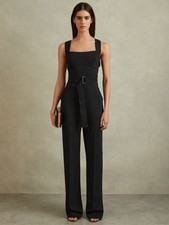 REISS Kim Cross Back Belted Jumpsuit in Black UK Size 10