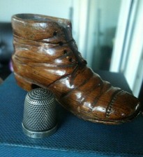 Vintage Treen Carved Wood SHOE / BOOT Thimble Holder + Silver Thimble  h/m 1926