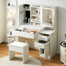 Dressing Table With Sliding LED Mirror Hidden Storage& Stool 3 Drawers Shelves