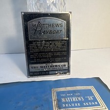 Vintage MATTHEWS Playboat Model Hull ID Brass Enamel Tag Plate Plaque & Brochure