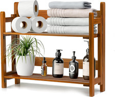Teak Wood Floating Shelves Bathroom, Foldable Wooden Rack Wall Mount, 2 Shelves