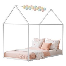 VEVOR Twin Size House Bed Frame Metal Kids Floor Bed Frame with Roof White