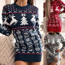 Womens Knit Christmas Sweater Bodycon Xmas Party Winter Warm Mini Jumper Dress