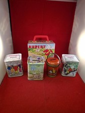 Rare Early Vintage Tin Plate Bucket Money Box + Rupert The Bear Savings Tins