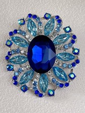 Sparkly Blue Crystal Flower Brooch Large Rhinestone Statement Costume Jewelry UK