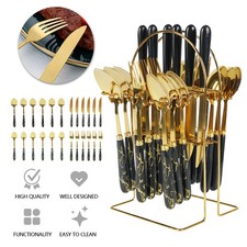 24PC CUTLERY DINNER SET STAINLESS STEEL METAL STAND RACK FORKS TEA SPOONS POLISH