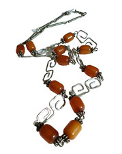 Bakelite Bead Necklace Butterscotch Barrel Greek Key White Metal Vintage Superb