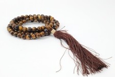 Brown 108 Beads With Tassel Gold Tiger Eye Light Wood Mala w/ Indonesian Beads