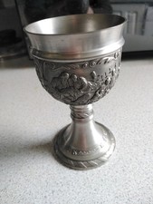 vintage 1970 german pewter goblet, agricultural scenes
