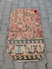 Vintage Turkish Rug Mat 3.3x1.9 ft | Peach Floral Rounded Small Carpet