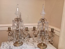 Grand Pair Antique French Louis XVI Crystal Girandole Candleabras, 16"X 9"