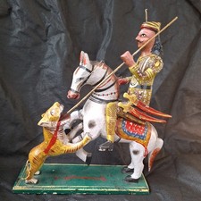 Antique Carved Wooden Mogul Figurine hunting Tiger Fine Rustic Hand Painted 19c 