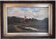 Very large antique oil painting pastoral landscape framed 104 / 73 cm
