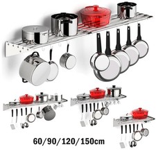 Metal Pan Pot Rack Wall Mounted Kitchen Storage Shelf & Hooks Hanging Organizer
