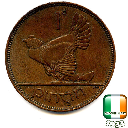 Irish 1933 penny coin - an, 1d