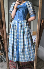GERMAN VINTAGE prairie milkmaid blue Bavarian Dirndl maxi Dress 14 MEICO check