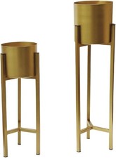 Gold Set of 2 Planter Pots with Metal Stands, Flower Pots Living Room Decor