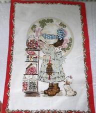 VINTAGE SARAH KAY GIRL IN SWEET SHOP TEA TOWEL - NEW & UNUSED  - RED EDGING