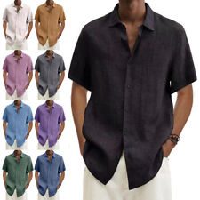 Mens Short Sleeve Linen Shirt Casual Baggy Button-up Lapel Hawaiian Holiday Tops