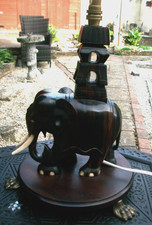SUPERB ANTIQUE  EBONY( MACASSAR) HAND CARVED WOODEN ELEPHANT TABLE LAMP ON BASE