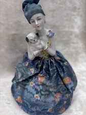 Antique Porcelain Pin Cushion Half Doll With Large Hat, Base And Skirt