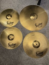 Set of Sabian Solar Drum Cymbals. 14” Hi Hats. 16” Crash. 20”Ride. Cymbal Bag