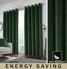 Luxury Hampton Green Velvet Eyelet Curtains - 100% Blackout Readymade Pair