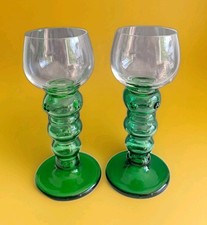 Vintage 2 Tall Roemer Green Stem Wine Glasses Bubble Stem with Prunts 