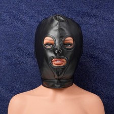 PU Leather Hood Head Harness Mask Open Mouth Eye Breathable Gimp Cosplay Costume