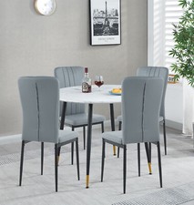 Small Round Dining Table in White Marble Finish and 4 Grey Faux Leather Chairs