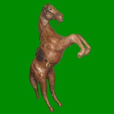 1x 16" Vintage Leather Wrapped Brown Equestrian Horse Statue Standing on 2 Legs