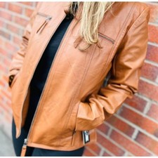 Tan Brown Real Leather Mandarin Collar Jacket