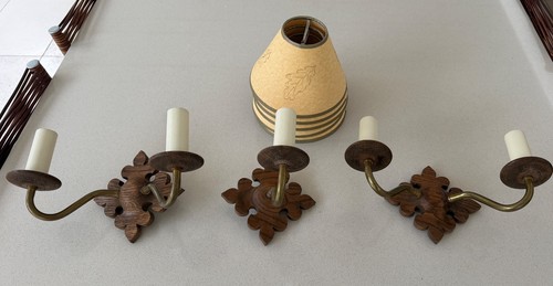 Oak and brass wall - , sconces