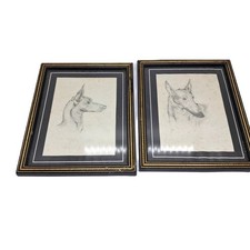 Two Greyhound/Whippet signed pencil drawings in frames