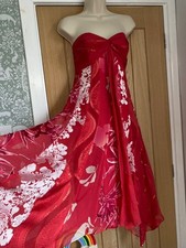 ✨ Monsoon Red Floral Silk Xmas Party Strapless Evening Occasion Dress - Size 16