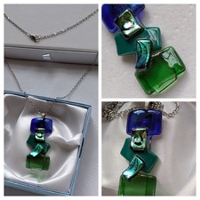 Dichroic Fused Glass Pendant Necklace with Silver Tone Chain 20" 15g + Gift Box