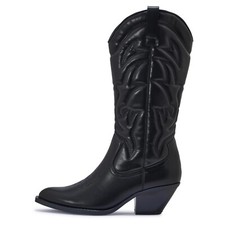 Womens Mid Calf Line Dancing Festival Low Heel Cowboy Costal Cowgirl Black Boots