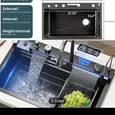Smart Stainless Steel Waterfall Kitchen Sink Digital Display Single Bowl Faucet