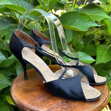 Women’s vintage RAYNE black satin heeled shoes leather sole 4? Handwriting insid