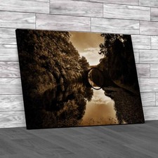 Autumn Garden Bridge Canal Sepia Canvas Print Large Picture Wall Art