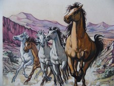 Wild Horses Galloping in a Mountain Landscape.  Modern Gouache painting