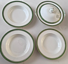 Alfred Meakin England – Green & Gold Border  3  Soup Bowls (10”) + Lidded Tureen