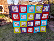 Japanese themed bed/lap quilt,  multicoloured hand quilted, cotton and chenille