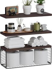 3-Tier Floating Wall Shelves with Wire Basket 41.9 cm Pine Wood Metal Brackets