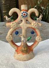 Vintage Mexico Folk Art Tree of Life w Bird Candle Stick Holder Numbered Blue
