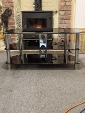   LARGE BLACK GLASS TV STAND WITH CHROME LEGS WITH  3 SHELVES !!FREE DELIVERY!!