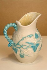 Rare 1st Period Belleek Parian Jug With Blue Ivy Relief – Twisted Handle Design