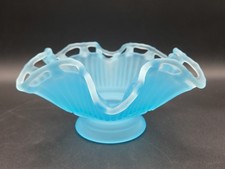 Vintage Westmoreland Blue Satin Glass Open Lace Ribbed Sides Footed Console Bowl