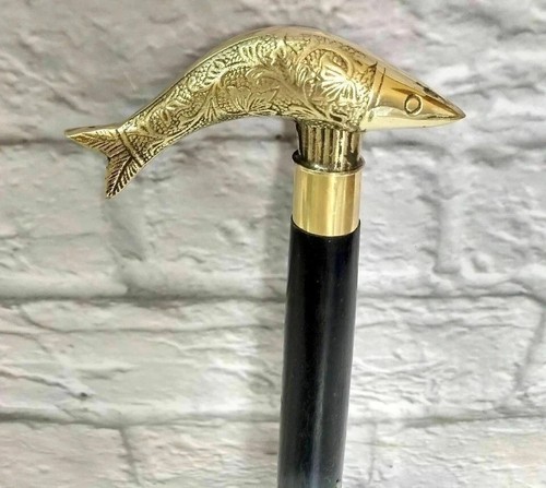 Brass fish head walking stick - head,