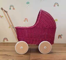RASPBERRY WICKER DOLL’S PRAM. HANDMADE. BEDDING INCLUDED. RUBBER Wheels